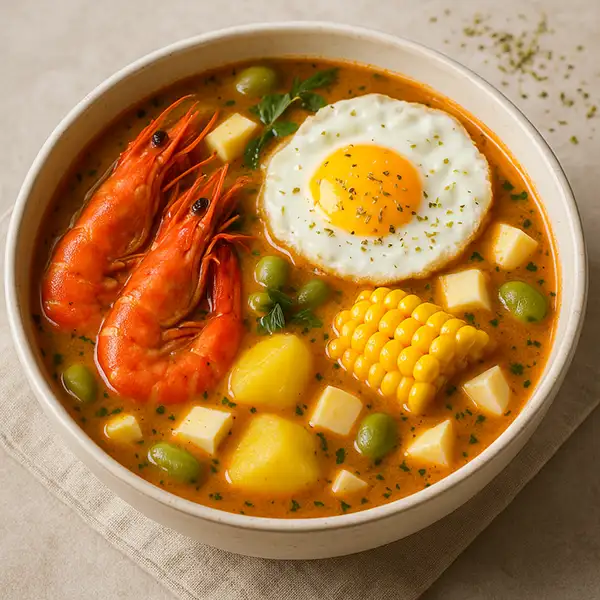 Chupe de camarones peruano servido en un plato blanco con un huevo frito, camarones enteros, papas, habas y queso fresco en un caldo cremoso.
