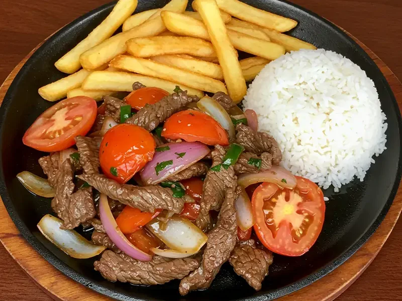 Lomo Saltado peruano con papas fritas y arroz blanco.
