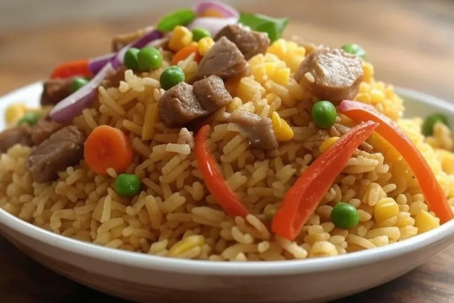 Arroz con chancho peruano, plato tradicional con cerdo y vegetales frescos.