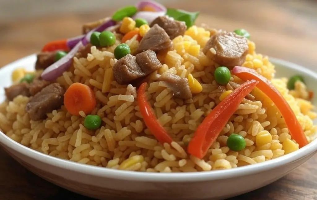 Arroz con chancho peruano, plato tradicional con cerdo y vegetales frescos.