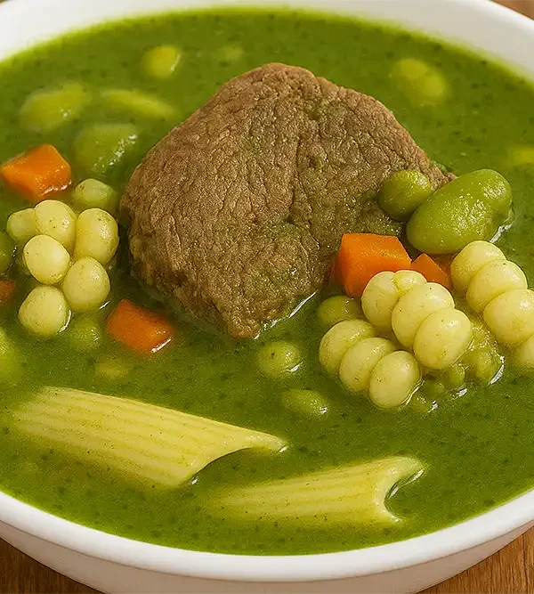 Sopa Menestrón peruano en un tazón rústico con ingredientes tradicionales como carne, choclo, menestras y pesto verde