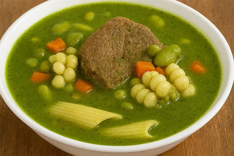 Sopa Menestrón peruano en un tazón rústico con ingredientes tradicionales como carne, choclo, menestras y pesto verde