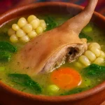 Sopa tradicional peruana de caldo de cuy con quinua, verduras frescas y especias, servida en un bowl