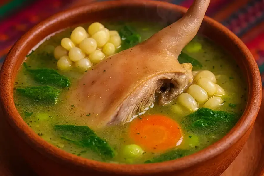Sopa tradicional peruana de caldo de cuy con quinua, verduras frescas y especias, servida en un bowl
